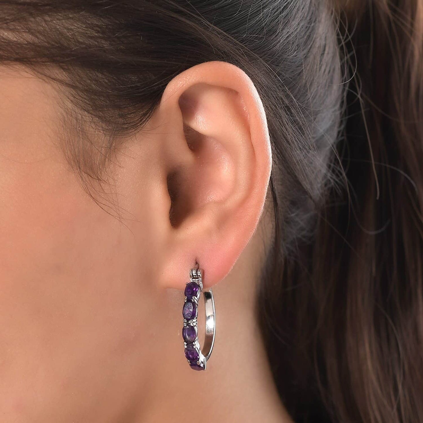 Amethyst Hoop Earrings in Stainless Steel