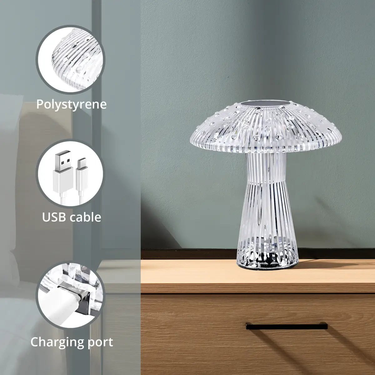 Remote Control Mushroom Shaped Crystal Table Lamp with Multi Color Changing Lights