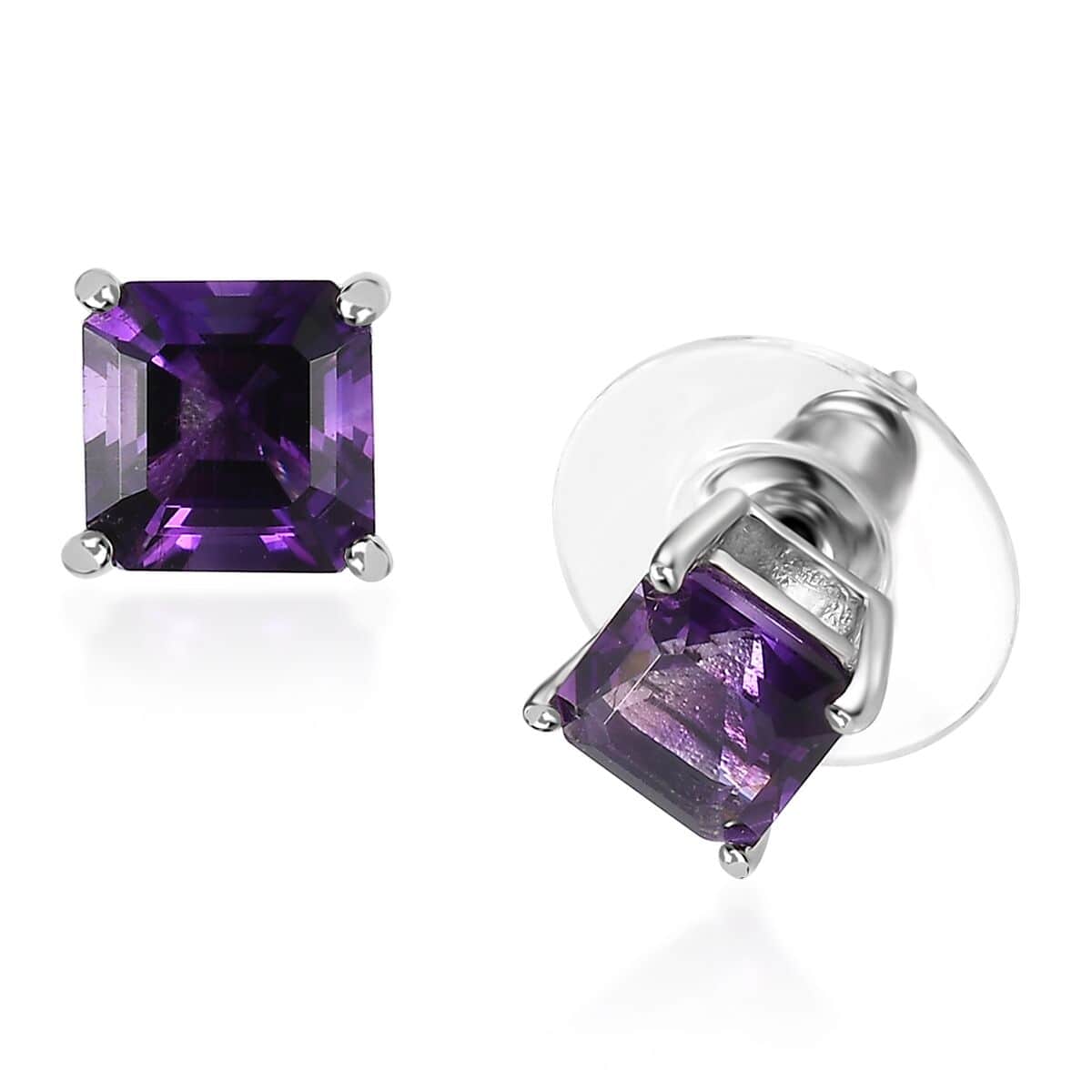 Asscher Cut Moroccan Amethyst Solitaire Stud Earrings in Platinum Over Sterling Silver