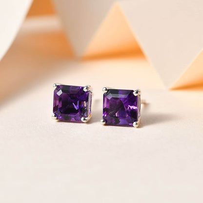 Asscher Cut Moroccan Amethyst Solitaire Stud Earrings in Platinum Over Sterling Silver