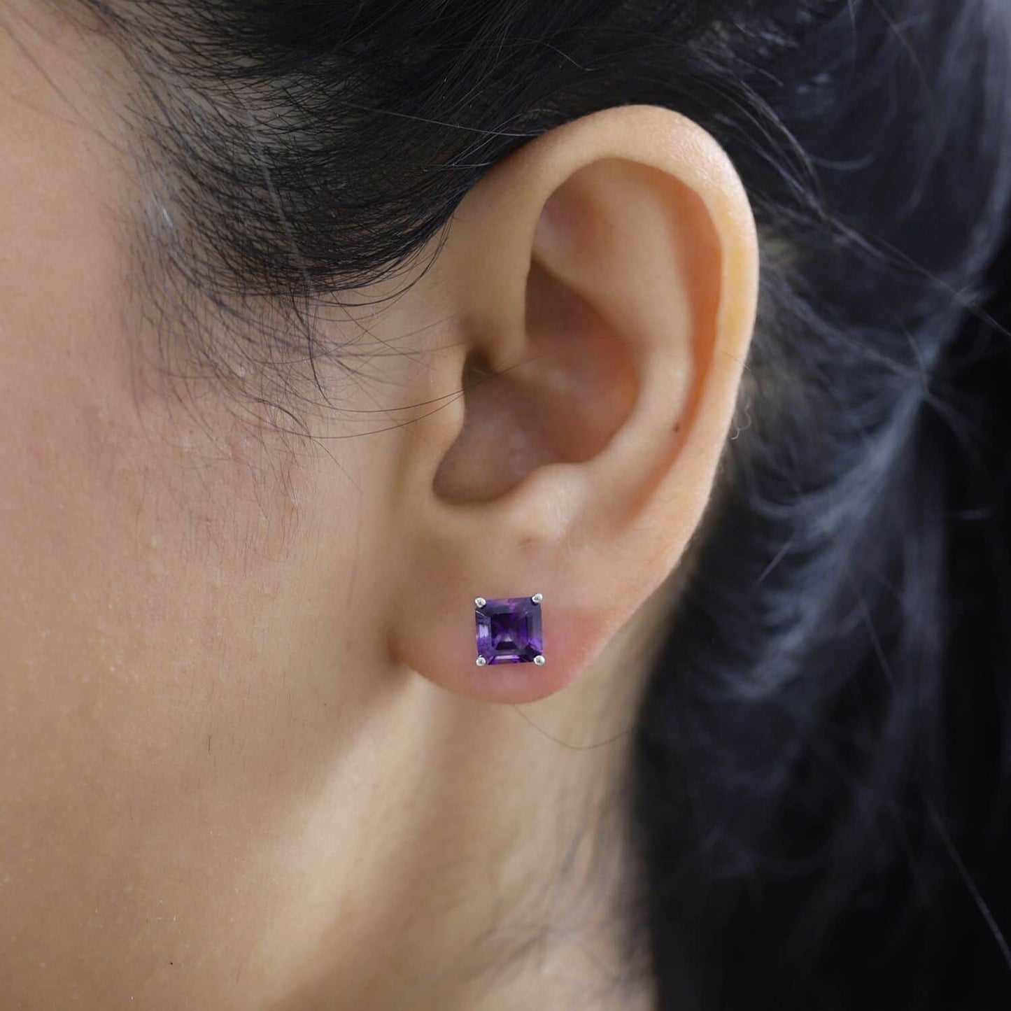 Asscher Cut Moroccan Amethyst Solitaire Stud Earrings in Platinum Over Sterling Silver