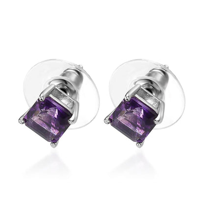 Asscher Cut Moroccan Amethyst Solitaire Stud Earrings in Platinum Over Sterling Silver