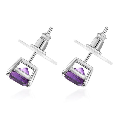 Asscher Cut Moroccan Amethyst Solitaire Stud Earrings in Platinum Over Sterling Silver