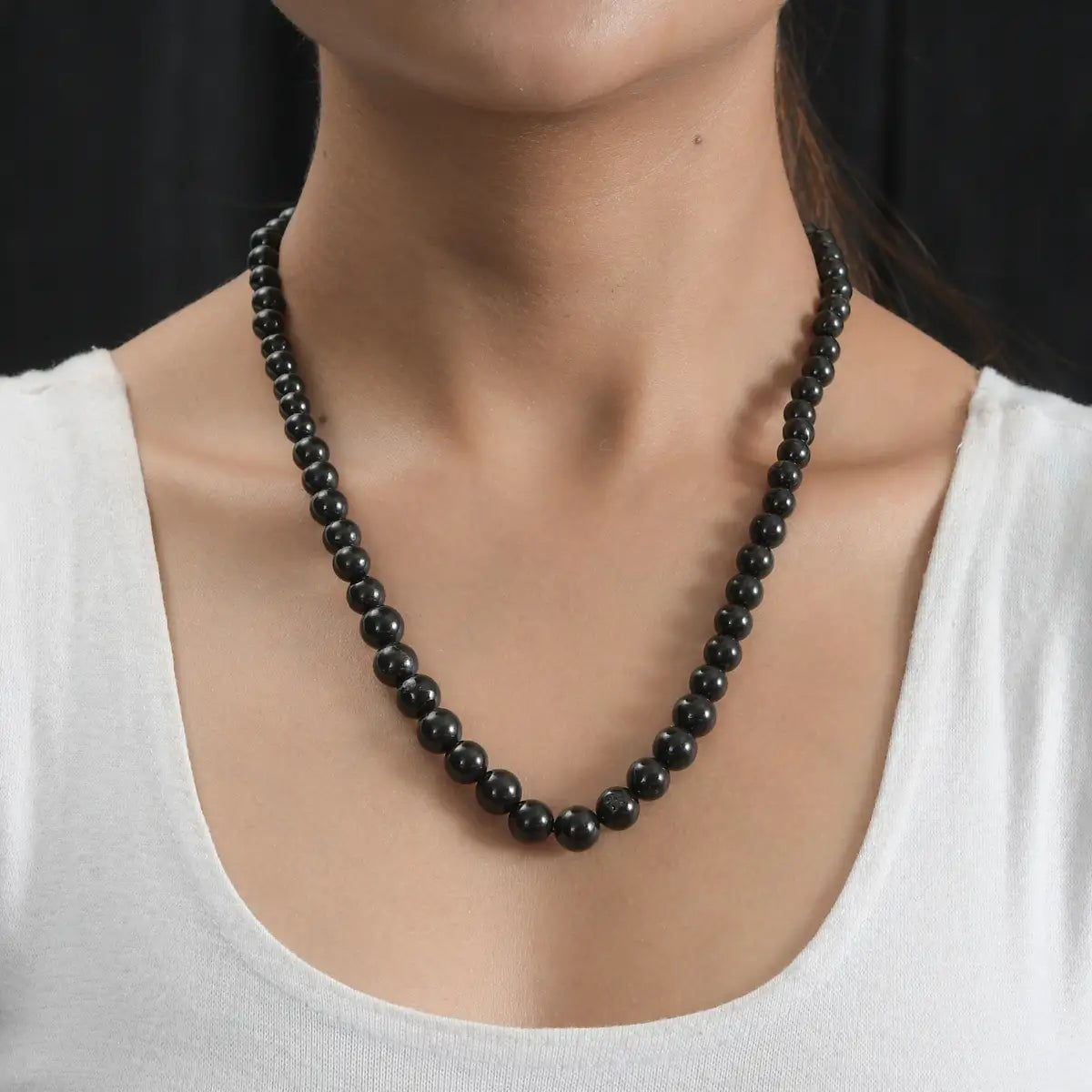 Karis Shungite Beaded Necklace 20 Inches in 18K Yellow Gold Plated Clasp