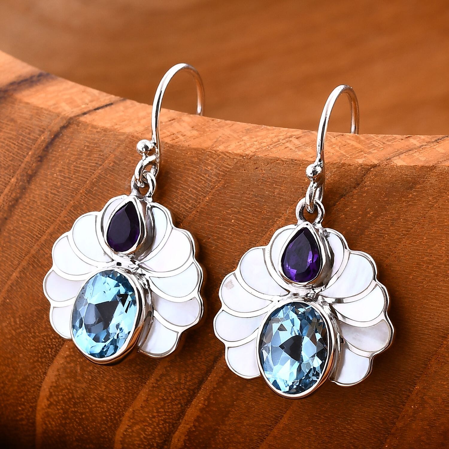 Bali Legacy White Shell Pearl, African Amethyst & Sky Blue Topaz 7.50 ctw Earrings