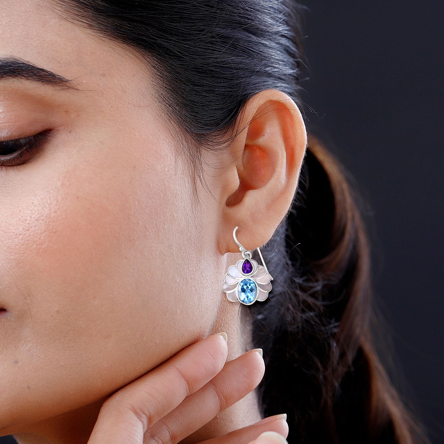 Bali Legacy White Shell Pearl, African Amethyst & Sky Blue Topaz 7.50 ctw Earrings