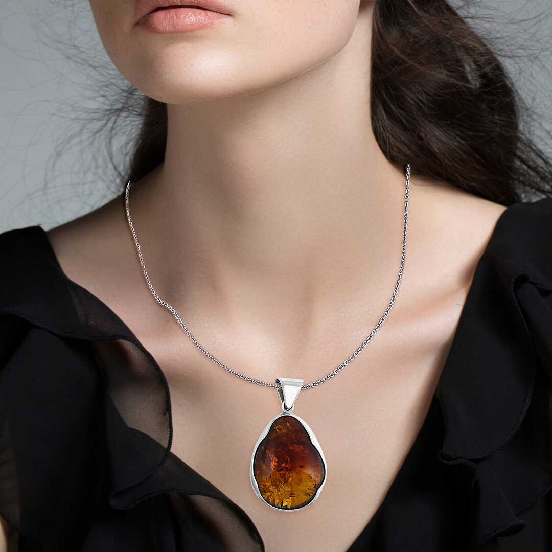 Baltic Amber Sculpted Drop Pendant in Sterling Silver