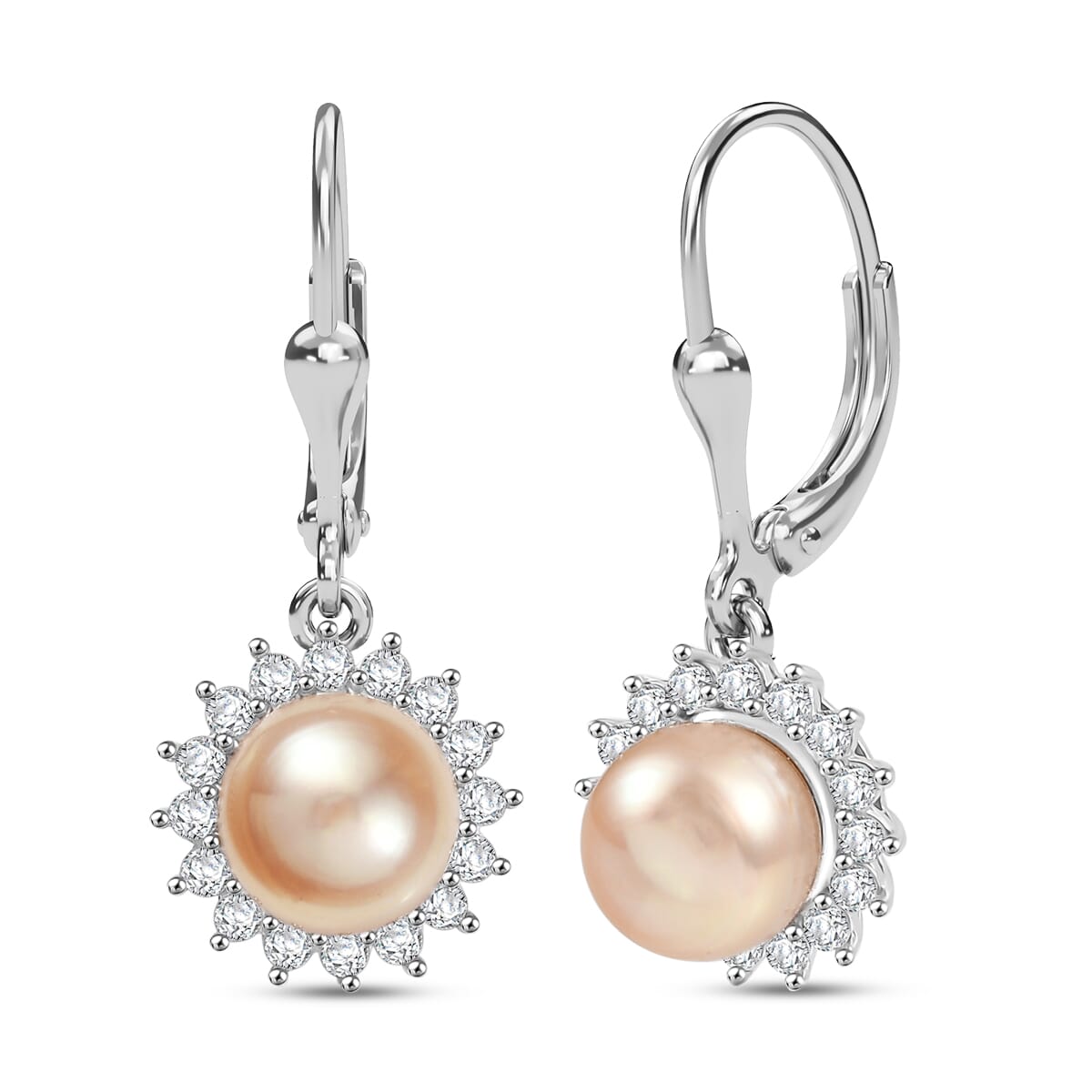 DJOY Peach Freshwater Pearl & White Zircon Sunlit Bloom Earrings – A Radiance of Timeless Elegance