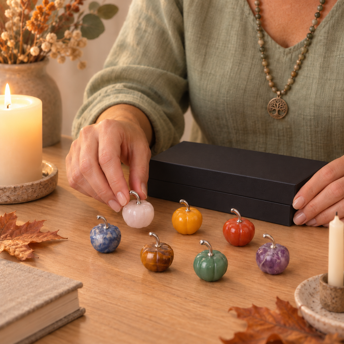 Chakra Mini Pumpkin Set – 7 Stones for Halloween Balance & Protection