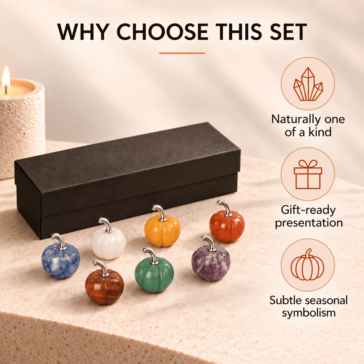 Chakra Mini Pumpkin Set – 7 Stones for Halloween Balance & Protection