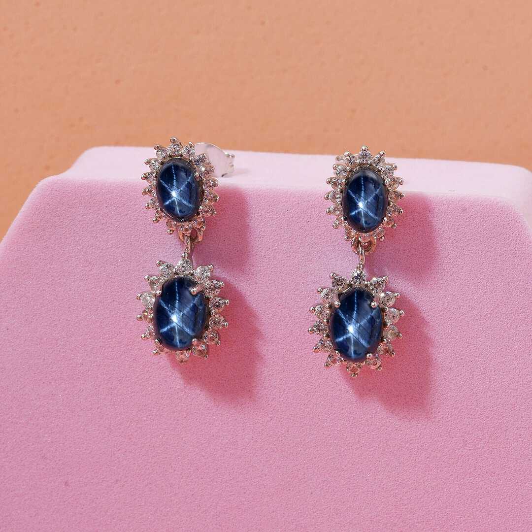Blue Star Sapphire & White Zircon Earrings