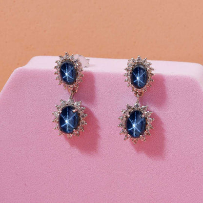 Blue Star Sapphire & White Zircon Earrings