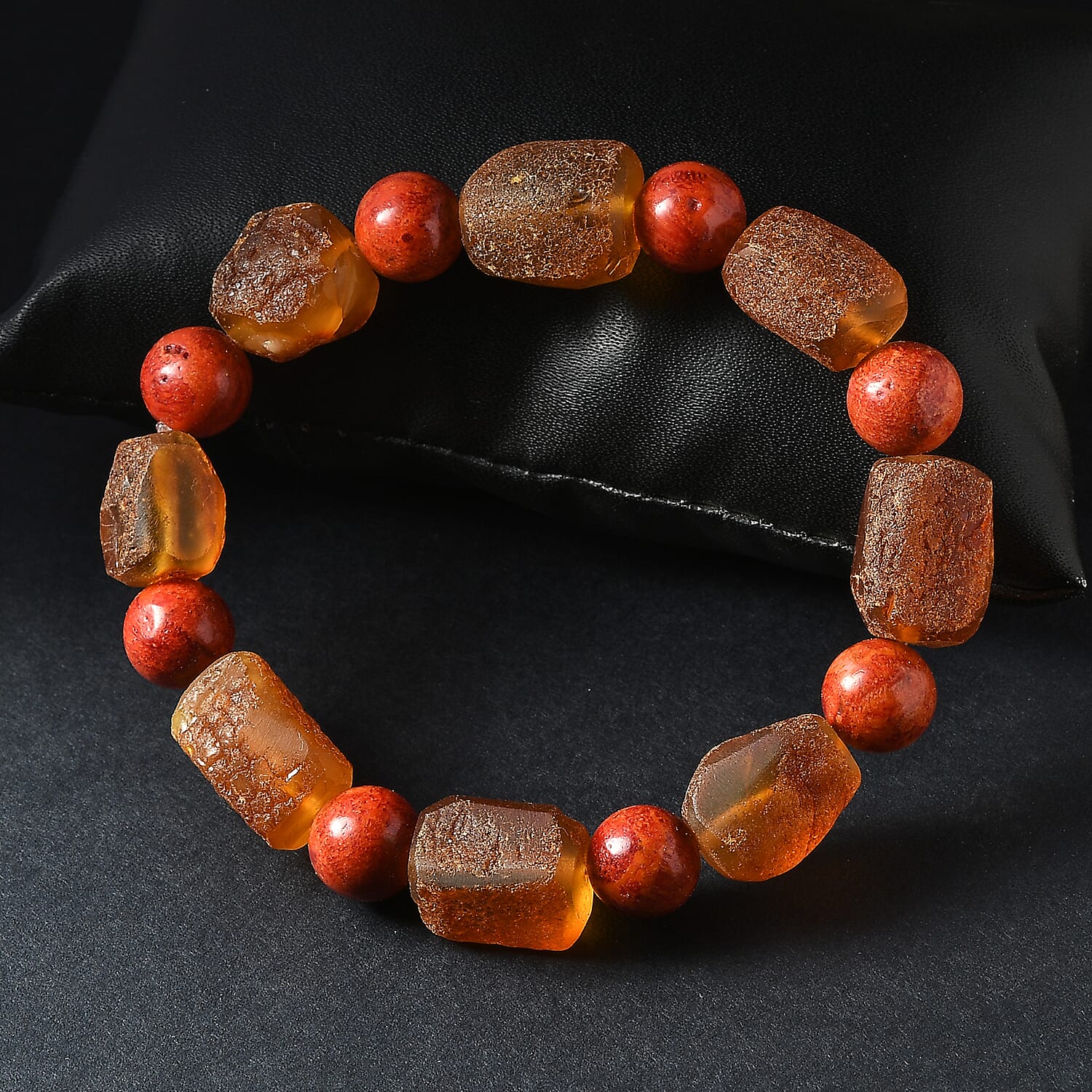 Baltic Amber & Coral Stretch Bracelet — Warm Earth Tones to Uplift Your Style