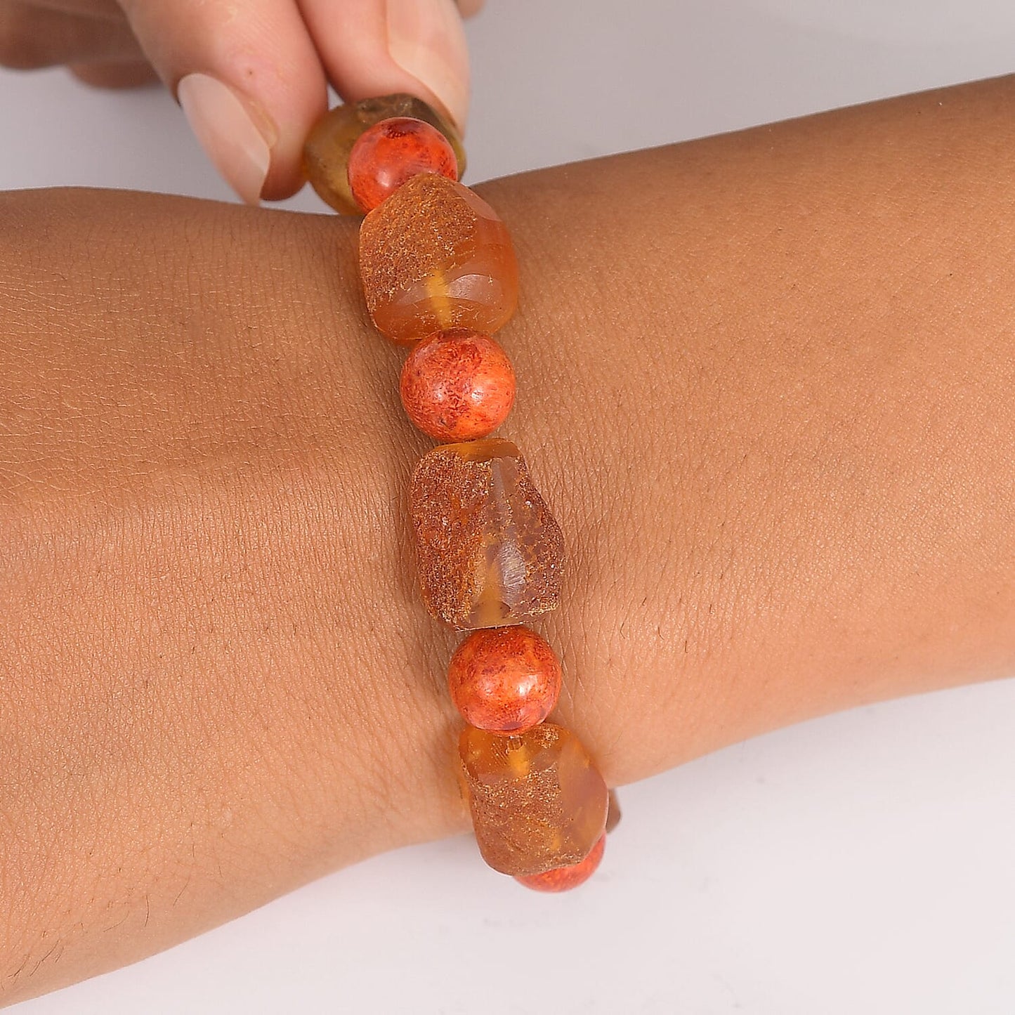 Baltic Amber & Coral Stretch Bracelet — Warm Earth Tones to Uplift Your Style