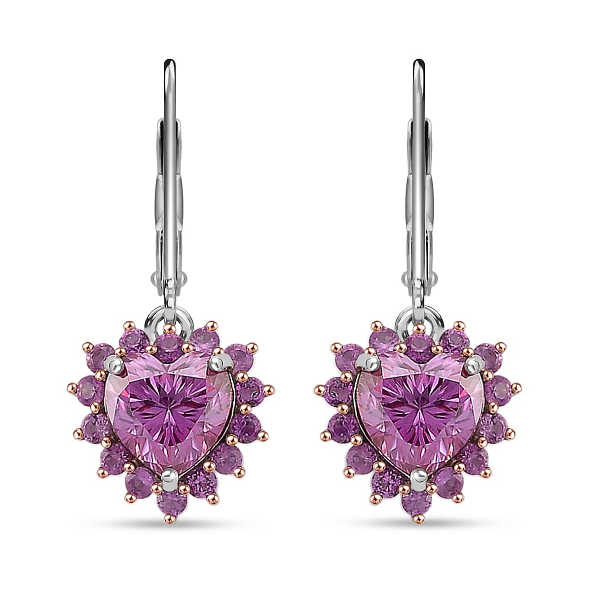 Moissanite & Pink Sapphire Heart Dangle Earrings – Romantic Sparkle & Captivating Brilliance