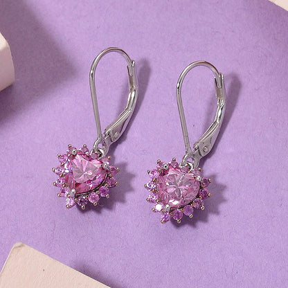 Moissanite & Pink Sapphire Heart Dangle Earrings – Romantic Sparkle & Captivating Brilliance