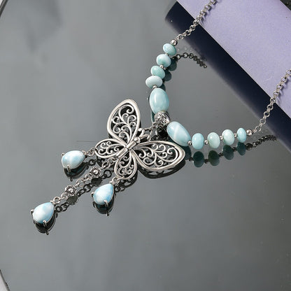 Premium Larimar Butterfly Necklace in Silver