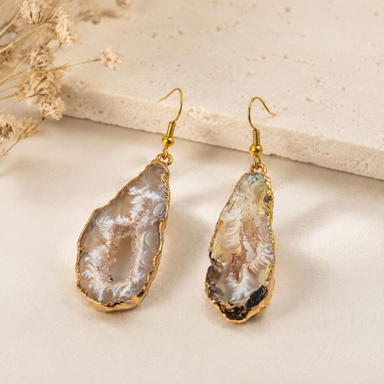 Statement Geode Slice Earrings – Goldtone