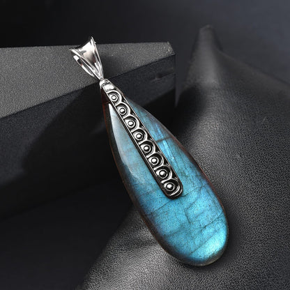 Labradorite or Lapis Lazuli Teardrop Pendant in Rhodium Over Sterling Silver