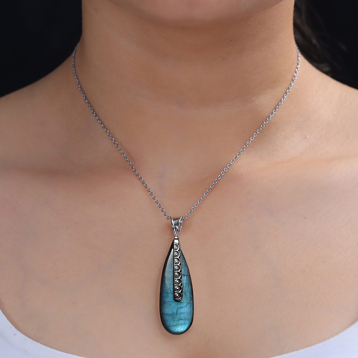 Labradorite or Lapis Lazuli Teardrop Pendant in Rhodium Over Sterling Silver
