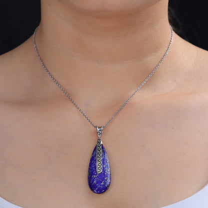 Labradorite or Lapis Lazuli Teardrop Pendant in Rhodium Over Sterling Silver
