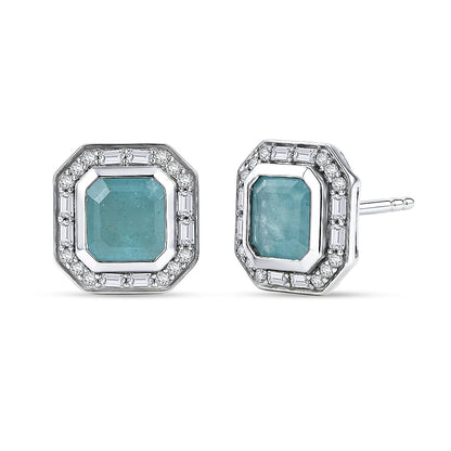 Grandidierite and Moissanite Ocean Deco Stud Earrings – Rhodium Sterling Silver