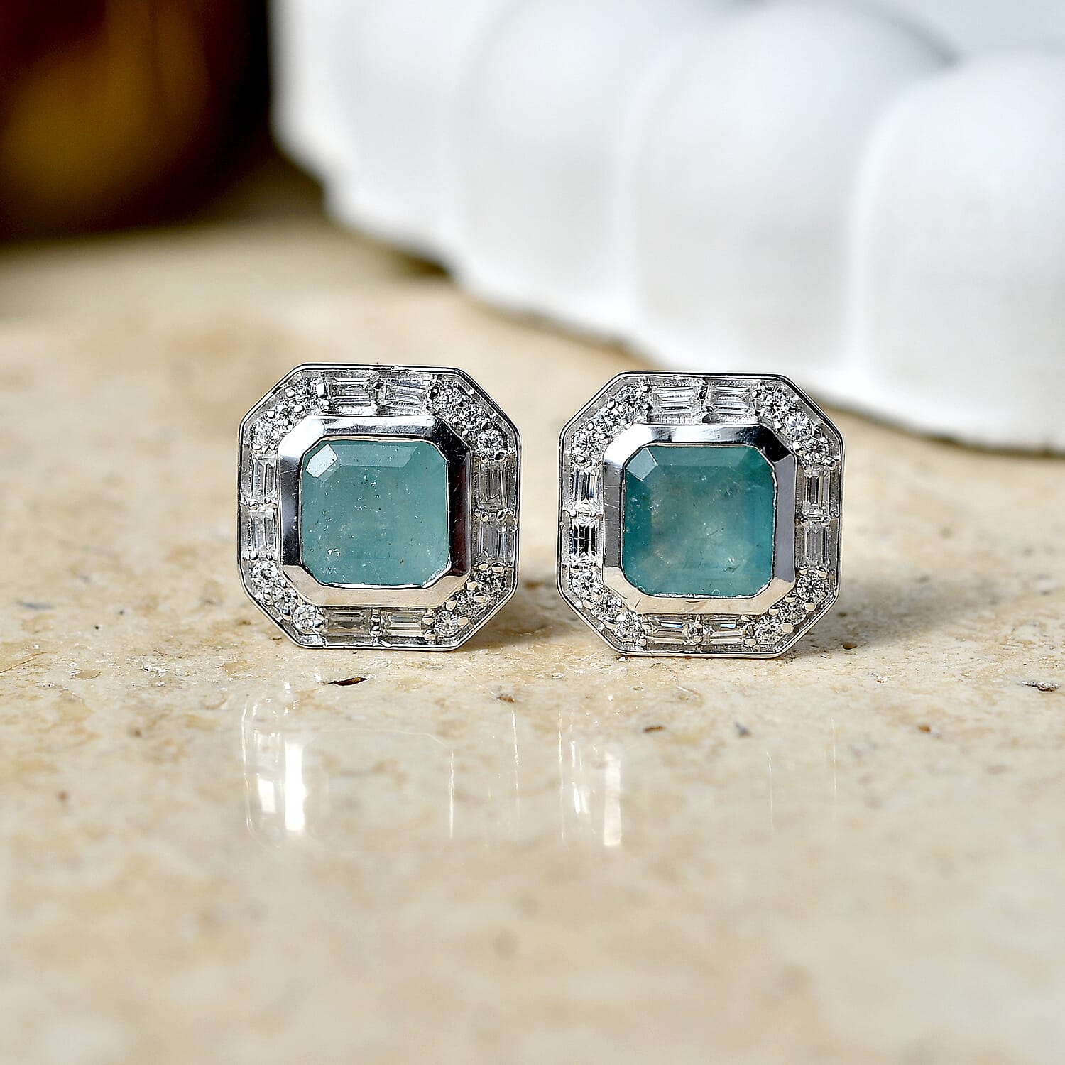 Grandidierite and Moissanite Ocean Deco Stud Earrings – Rhodium Sterling Silver