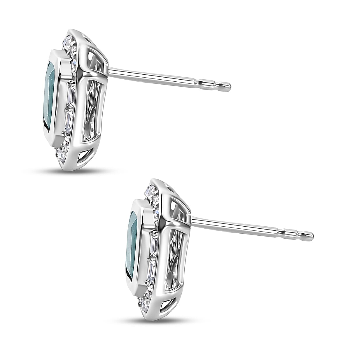 Grandidierite and Moissanite Ocean Deco Stud Earrings – Rhodium Sterling Silver