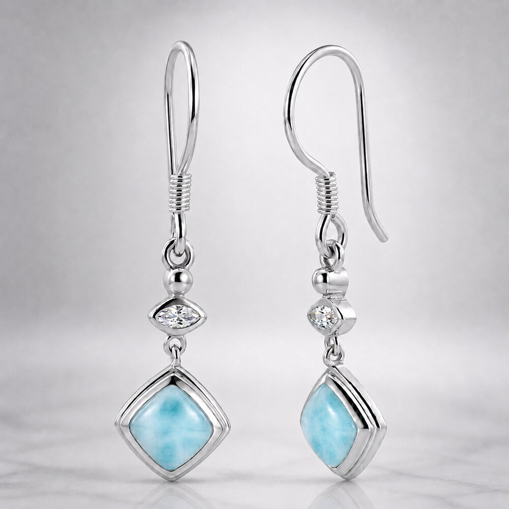 Larimar and White Zircon J-Hook Dangling Earrings in 925 Silver