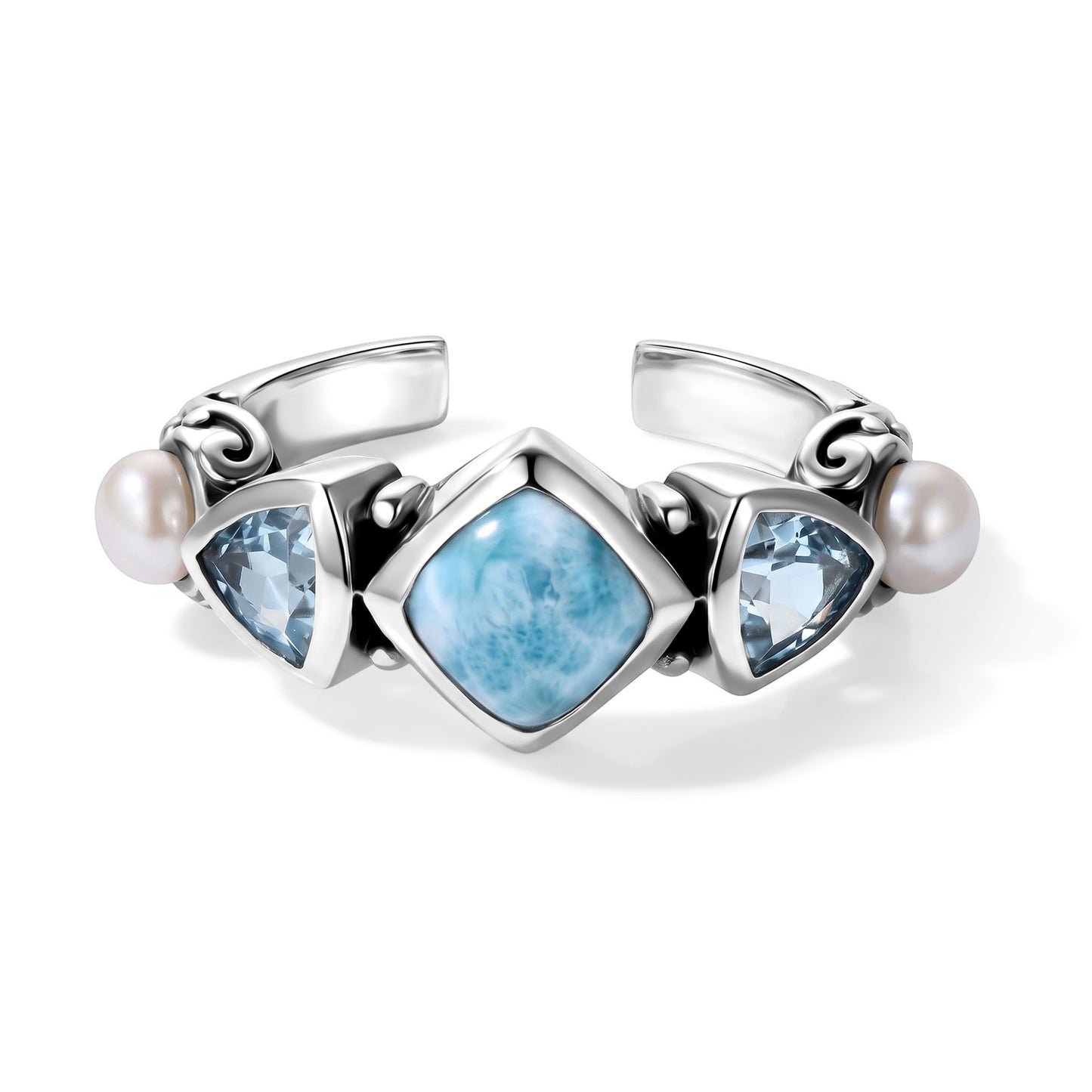 Larimar Ring - Sterling Silver with Freshwater Pearls