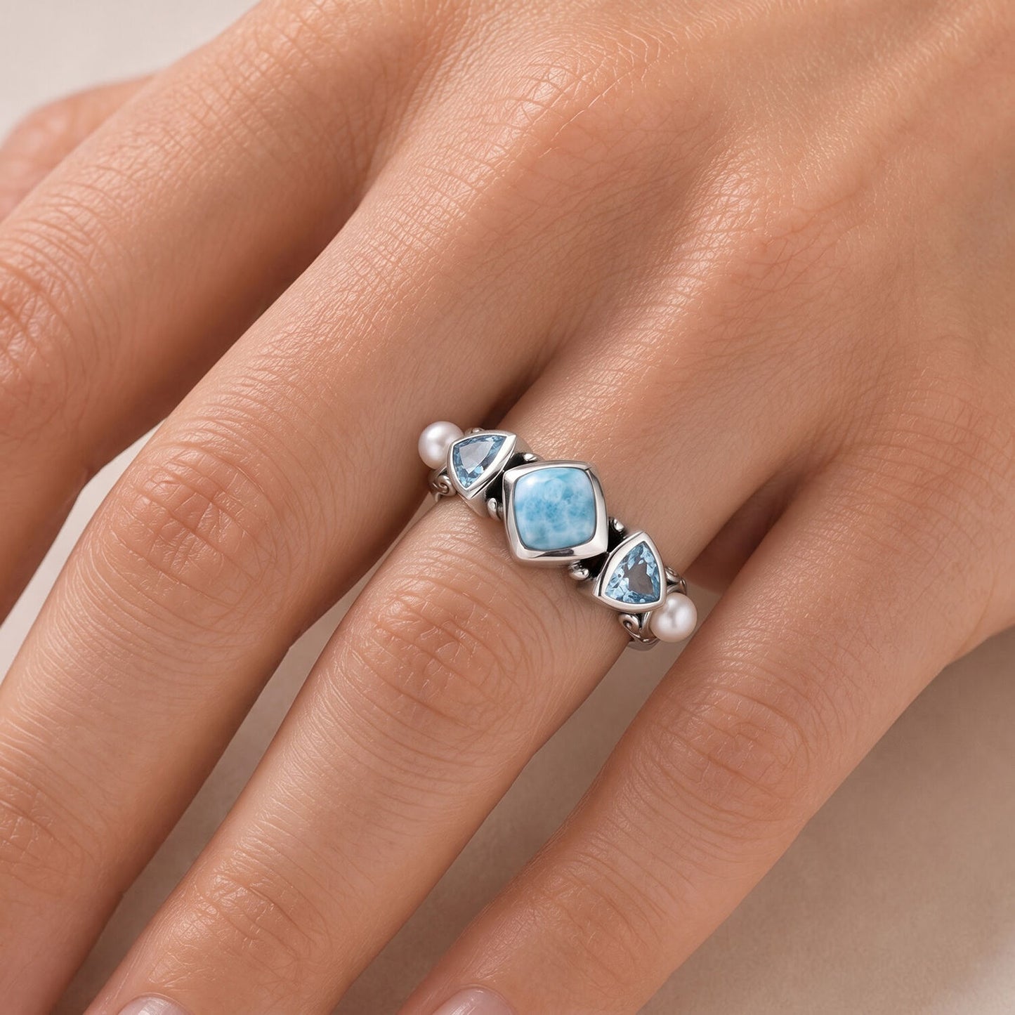 Larimar Ring - Sterling Silver with Freshwater Pearls