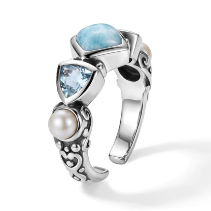 Larimar Ring - Sterling Silver with Freshwater Pearls