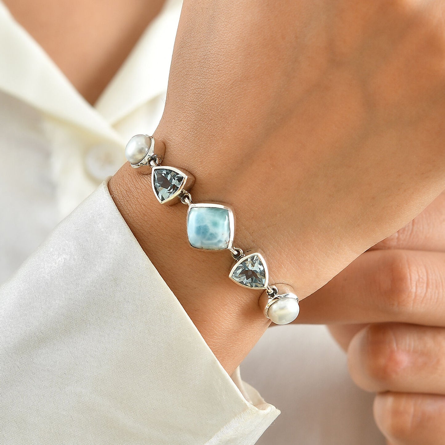 Larimar Bracelet – Sterling Silver with Blue Topaz and Pearls