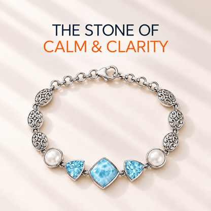 Larimar Bracelet – Sterling Silver with Blue Topaz and Pearls