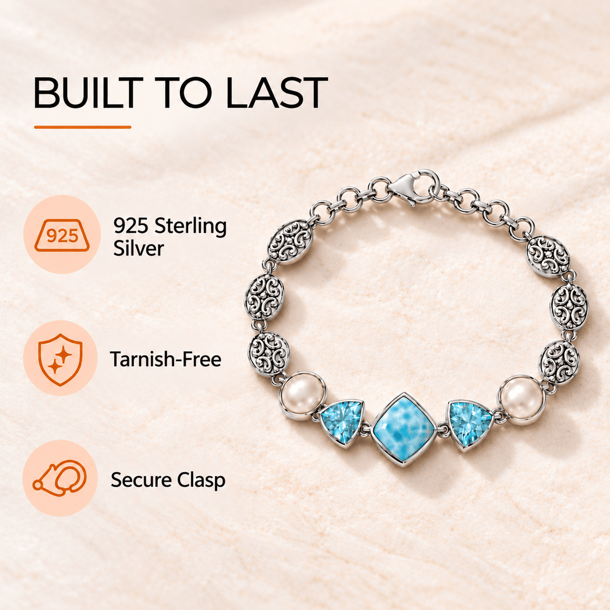 Larimar Bracelet – Sterling Silver with Blue Topaz and Pearls
