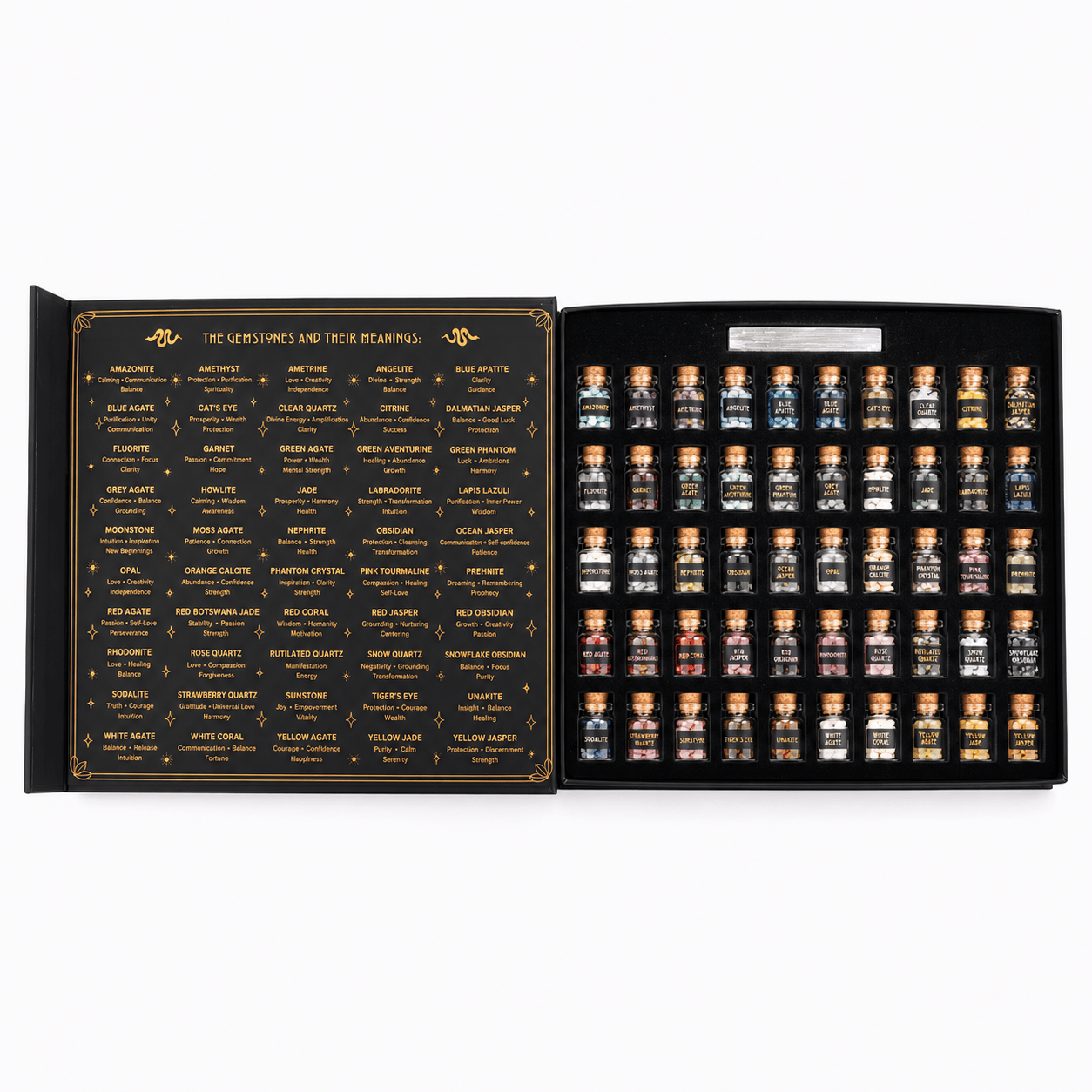 Witchcraft Crystal Kit - 50 Labeled Gemstones and Selenite