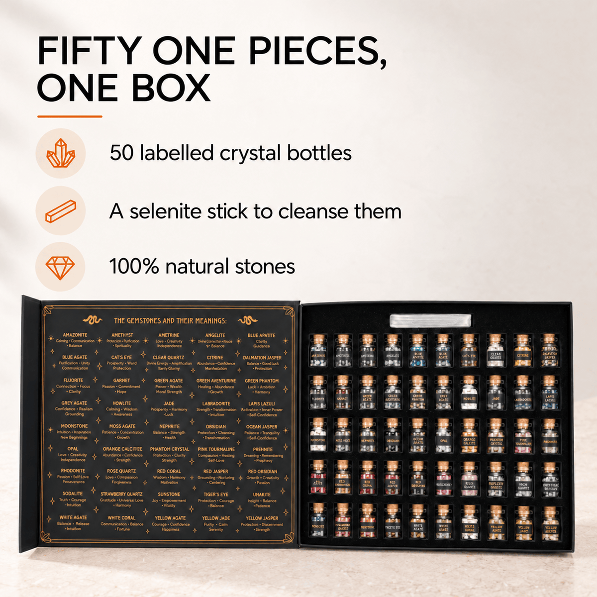 Witchcraft Crystal Kit - 50 Labeled Gemstones and Selenite