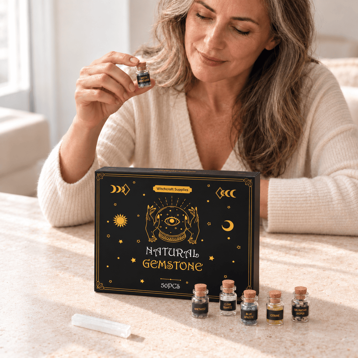 Witchcraft Crystal Kit - 50 Labeled Gemstones and Selenite