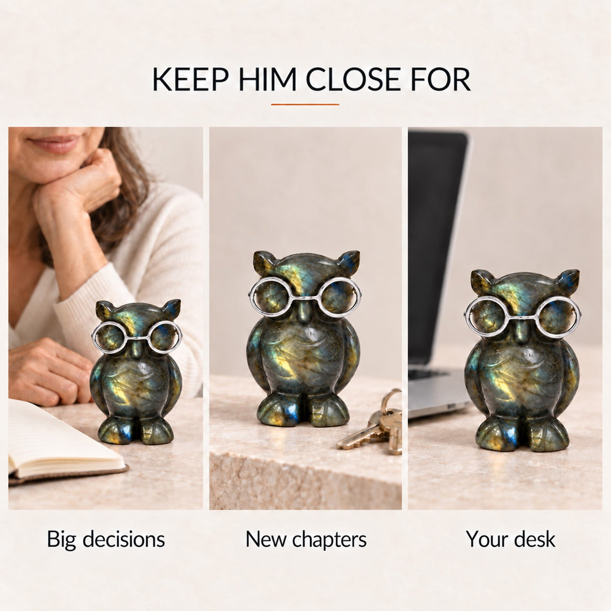 Labradorite Owl Figurine – Rare Crystal Collectible of Wisdom & Guidance