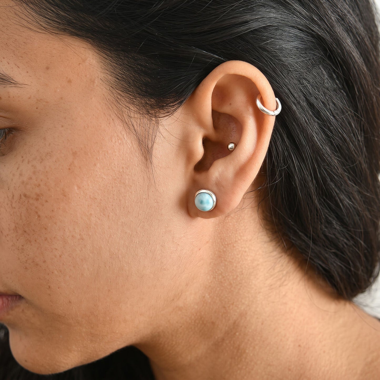 Larimar Round Stud Earrings – Sky Blue Gemstone Jewelry