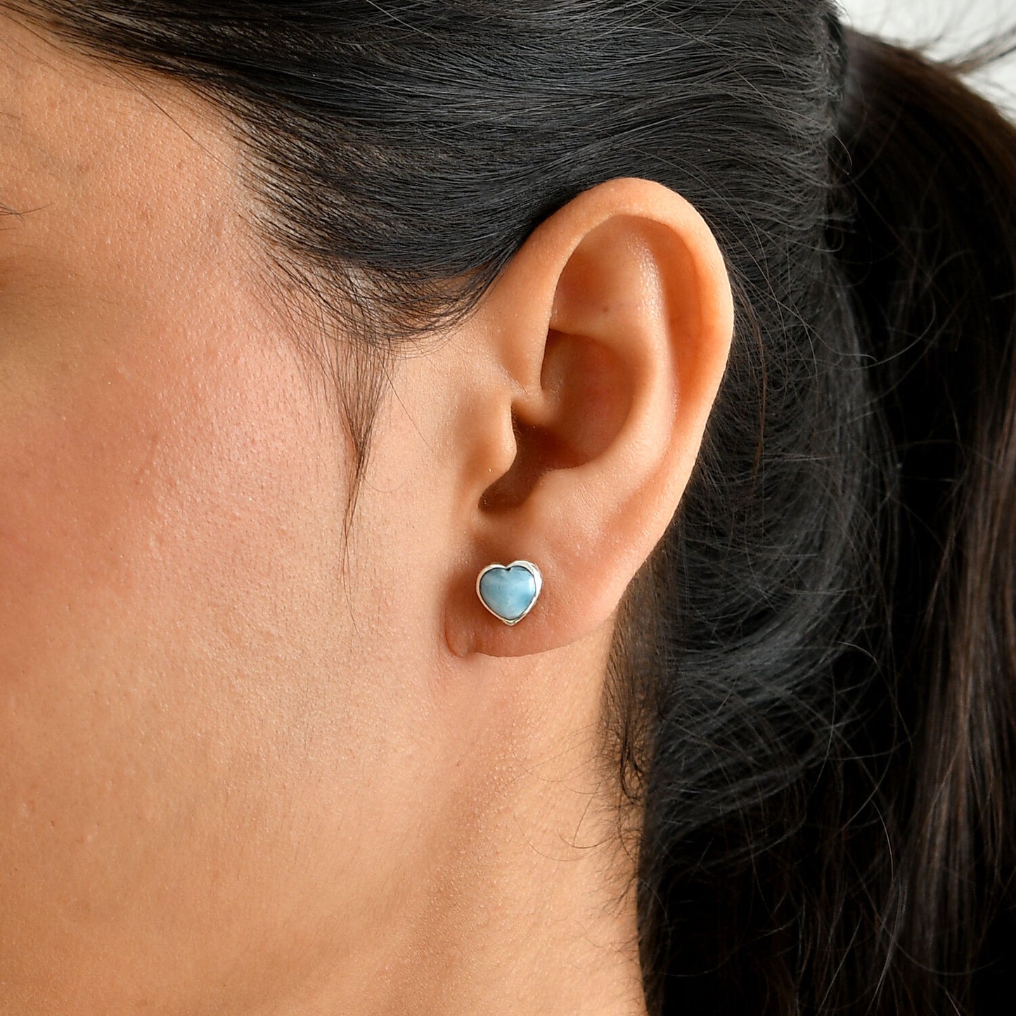 Larimar Heart Earrings – Caribbean Blue Stone in Sterling Silver