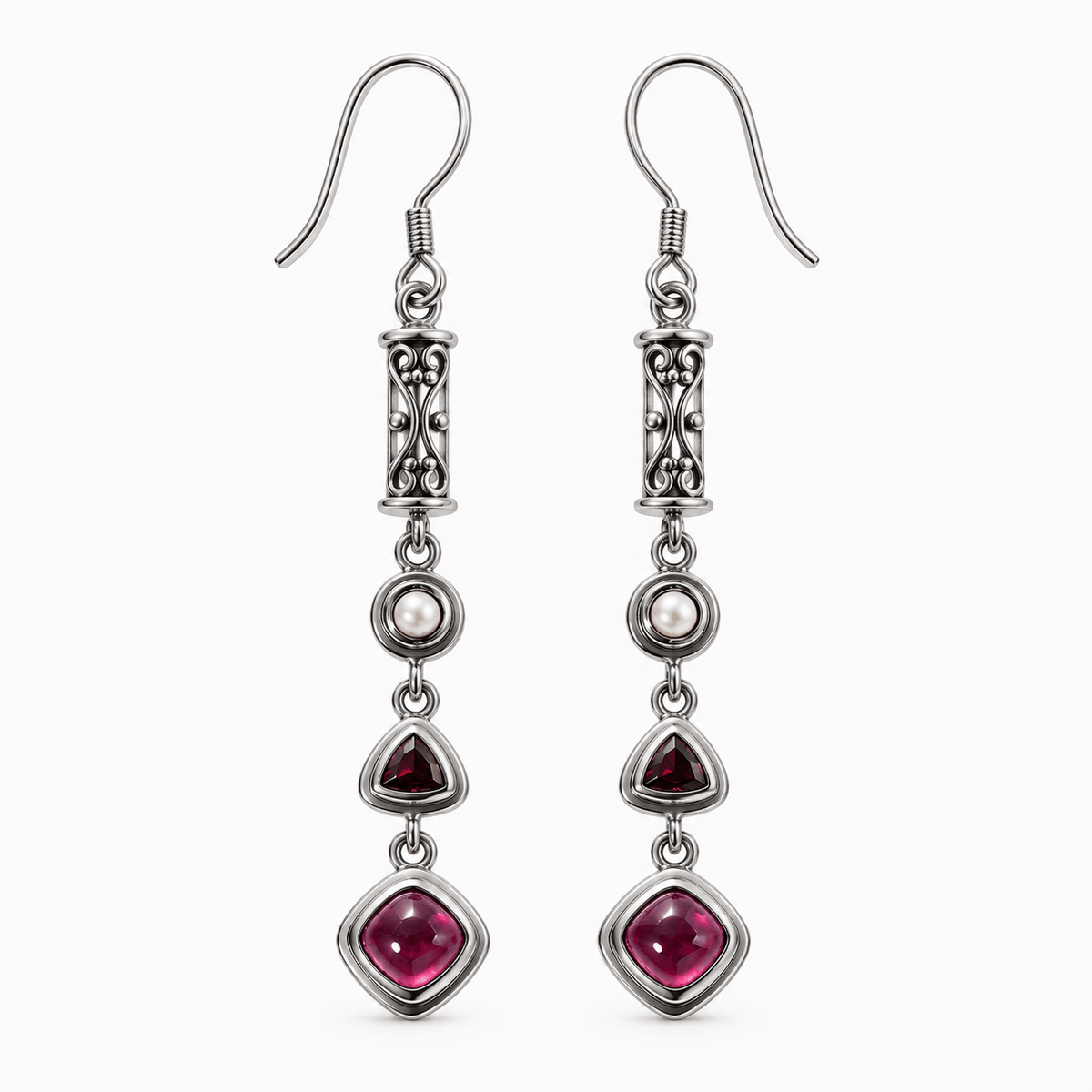 Ruby Red Pearl Drop Earrings  – Sterling Silver Jewelry