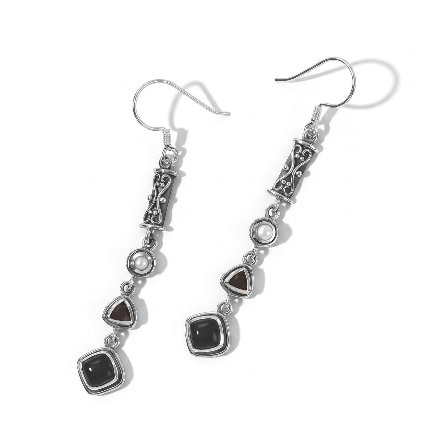 Black Obsidian and  Pearl J-Hook Drop Earrings – Sterling Silver