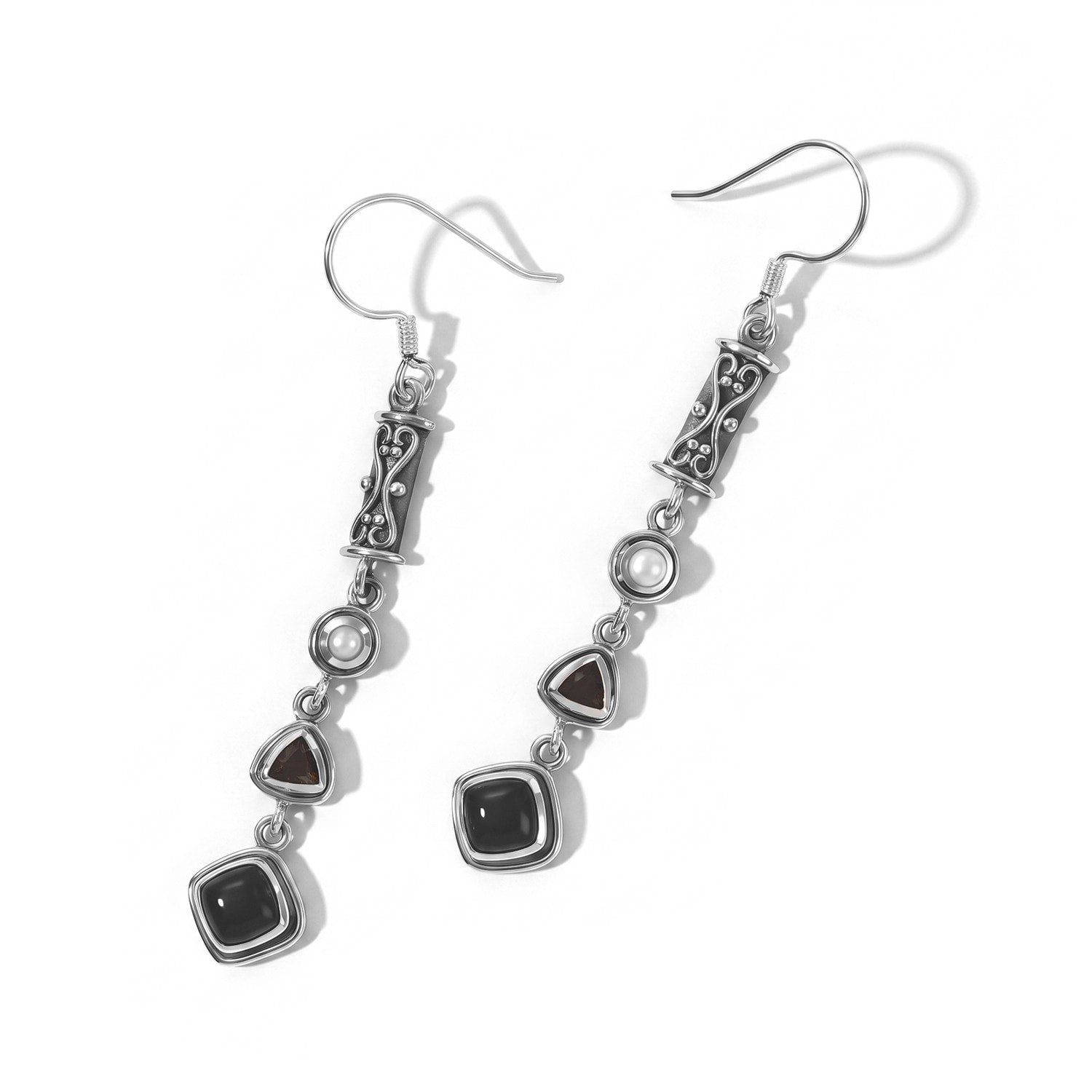 Black Obsidian and  Pearl J-Hook Drop Earrings – Sterling Silver