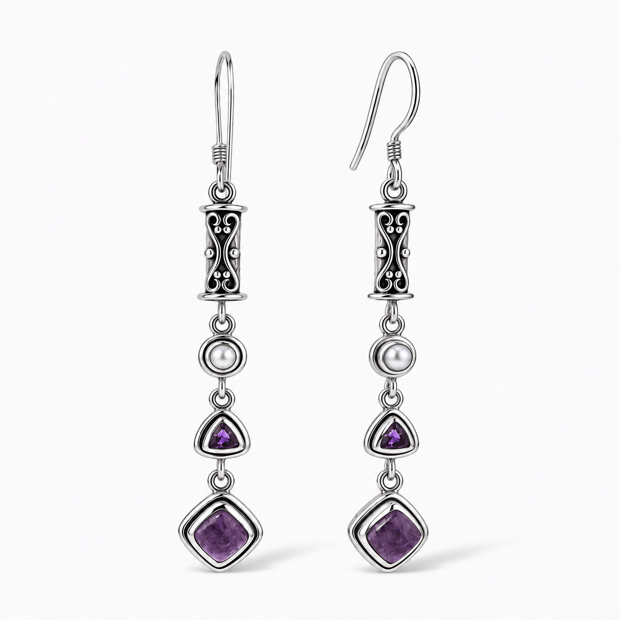 Natural Charoite, Amethyst & Pearl Earrings in Sterling Silver