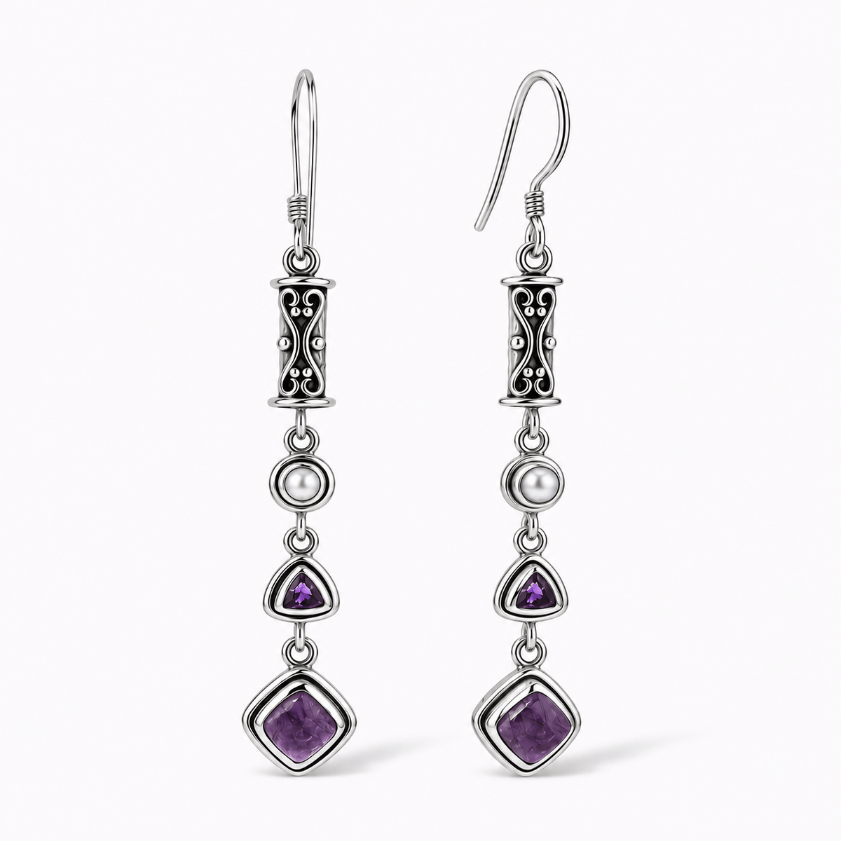 Natural Charoite, Amethyst & Pearl Earrings in Sterling Silver