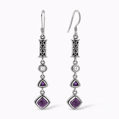 Natural Charoite, Amethyst & Pearl Earrings in Sterling Silver