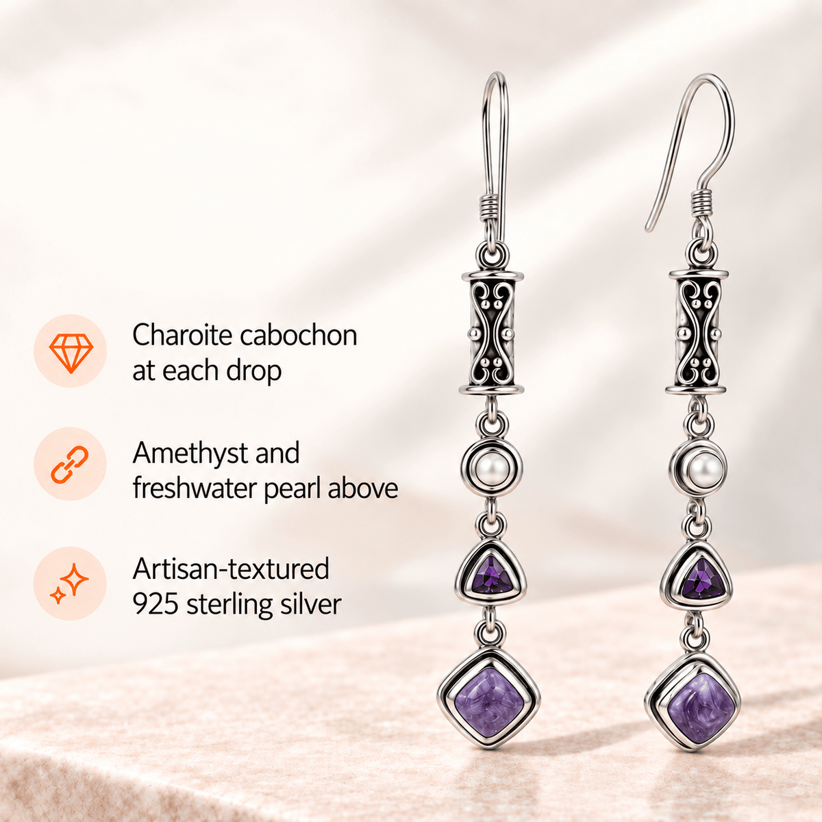 Natural Charoite, Amethyst & Pearl Earrings in Sterling Silver