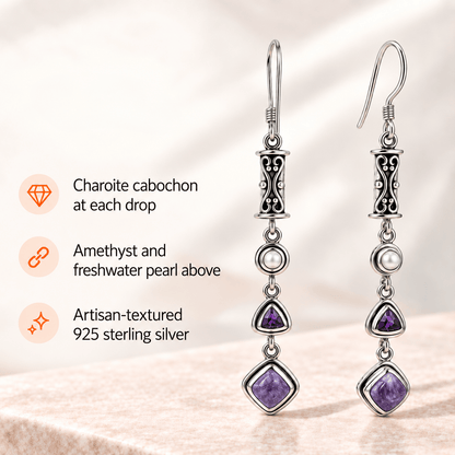 Natural Charoite, Amethyst & Pearl Earrings in Sterling Silver