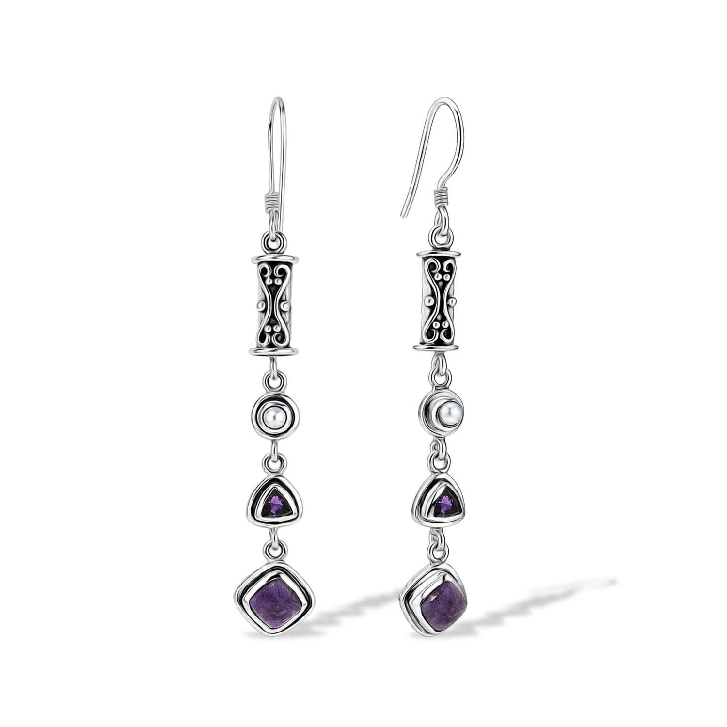 Natural Charoite, Amethyst & Pearl Earrings in Sterling Silver